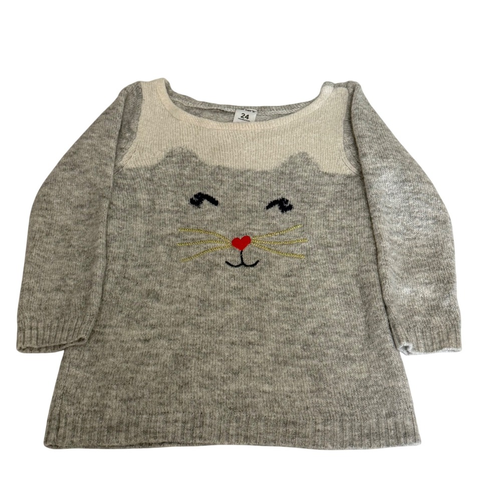 Carters Toddler Girls Gray Cat Face Knit Pullover Sweater Size 24 Months